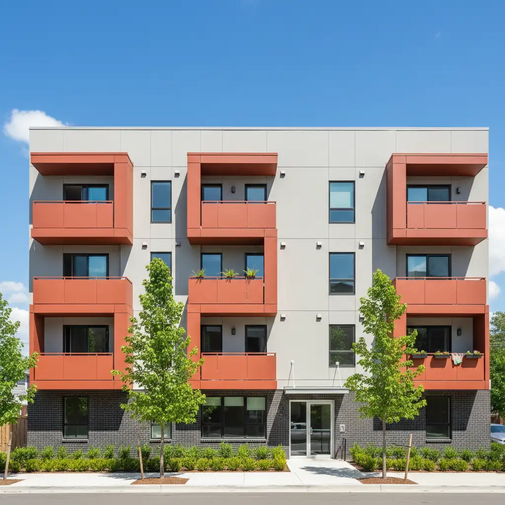 Apartment building with terracotta colored balconies