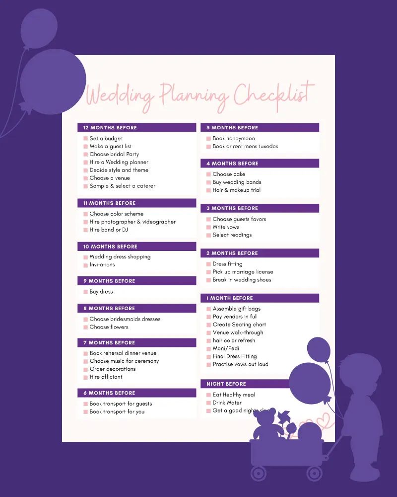 Wedding Planning Checklist listing tasks by months before the wedding, from 12 months to night before, with a purple background featuring balloons and a silhouette of a child with a wagon holding toys and balloons.