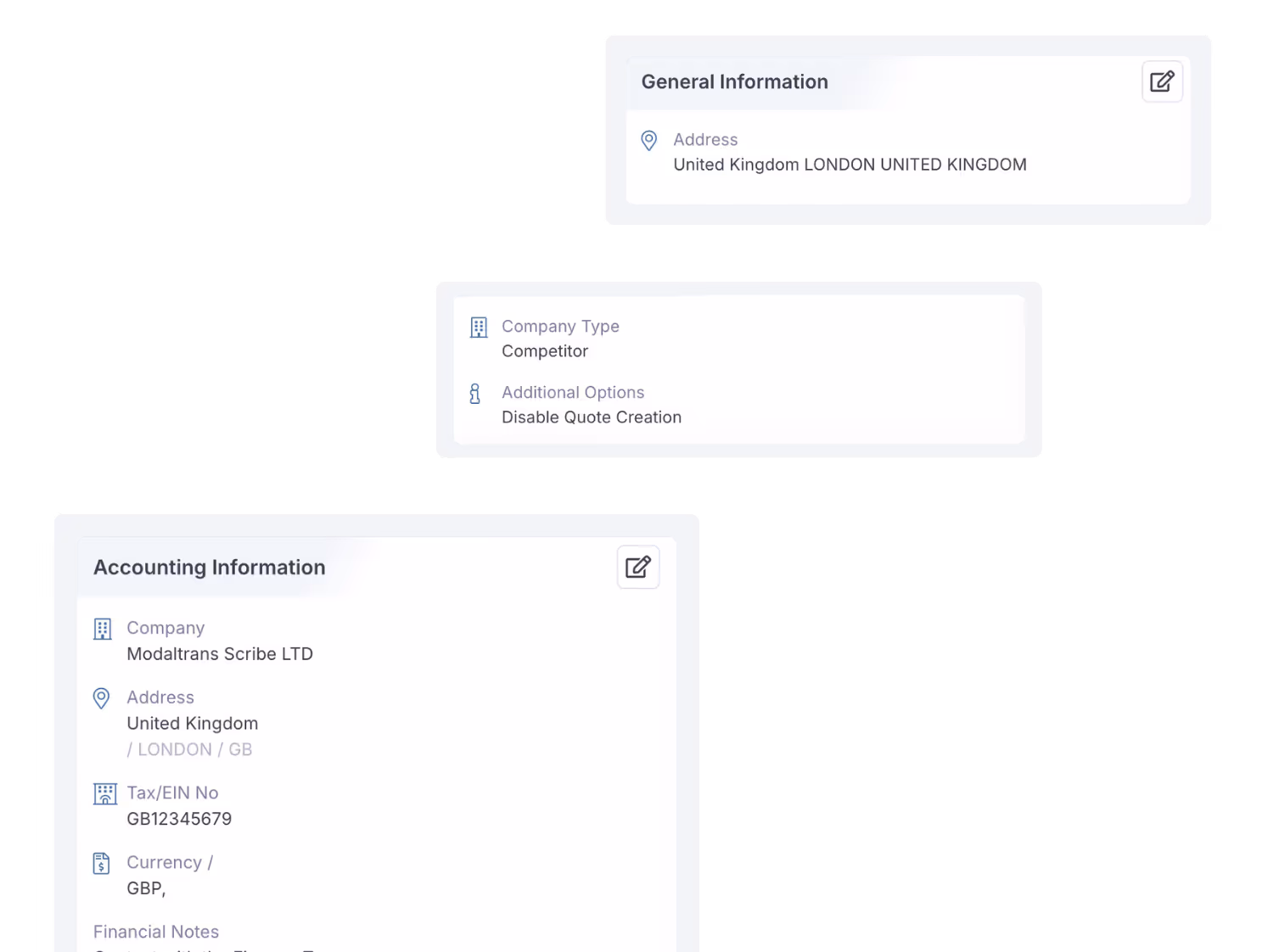 A screen with three windows showing information about a company.