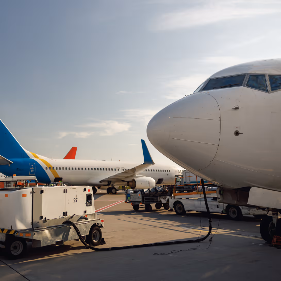 A large white airplane is parked on the runway.