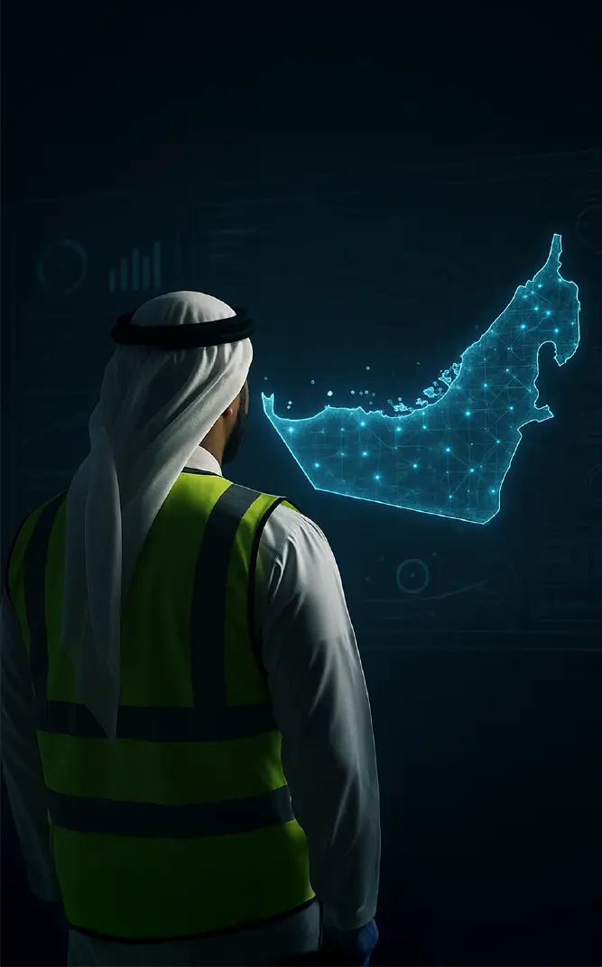 Man in traditional Middle Eastern attire and reflective vest looking at a digital hologram map of the United Arab Emirates.