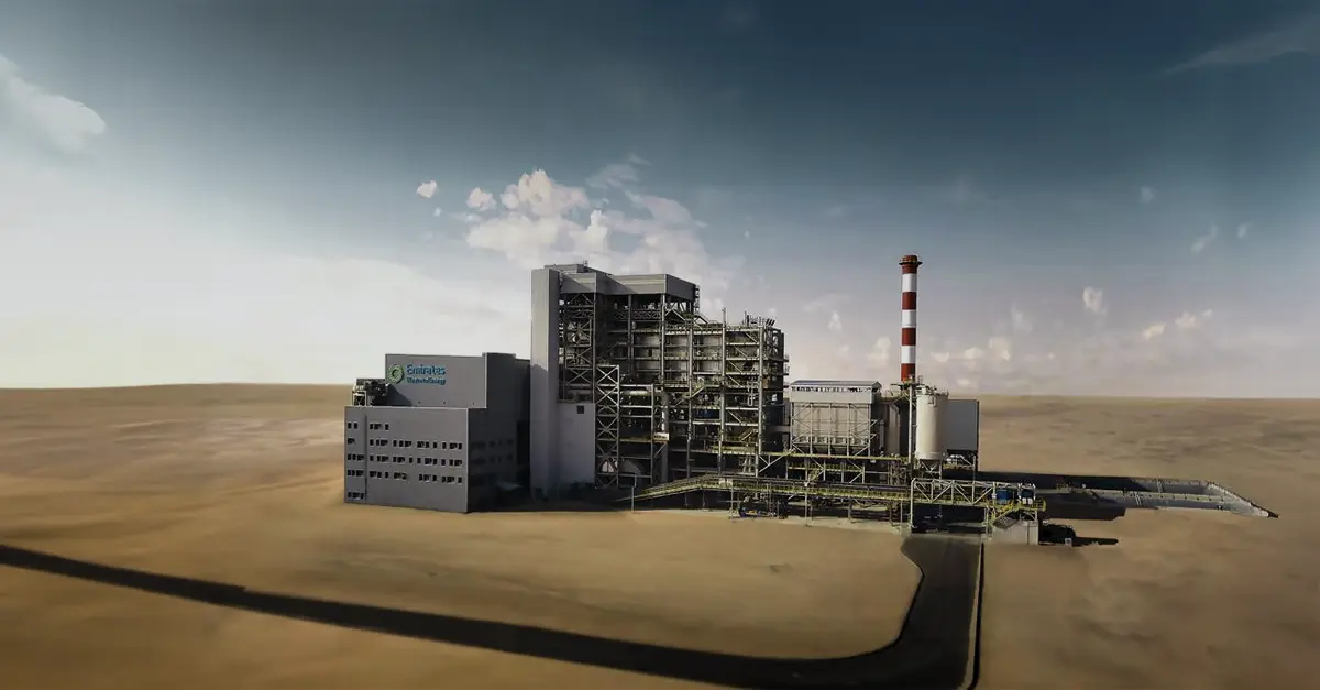 Sharjah waste-to-energy facility in a desert landscape under a clear blue sky.