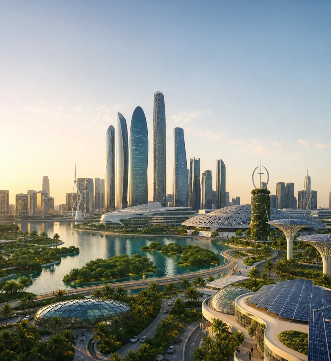 Modern cityscape with futuristic tall buildings, lush greenery, waterways, and solar panels at sunset.