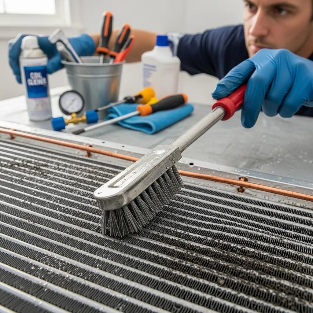 Technician cleaning coils of an air conditioning unit, demonstrating essential maintenance tasks
