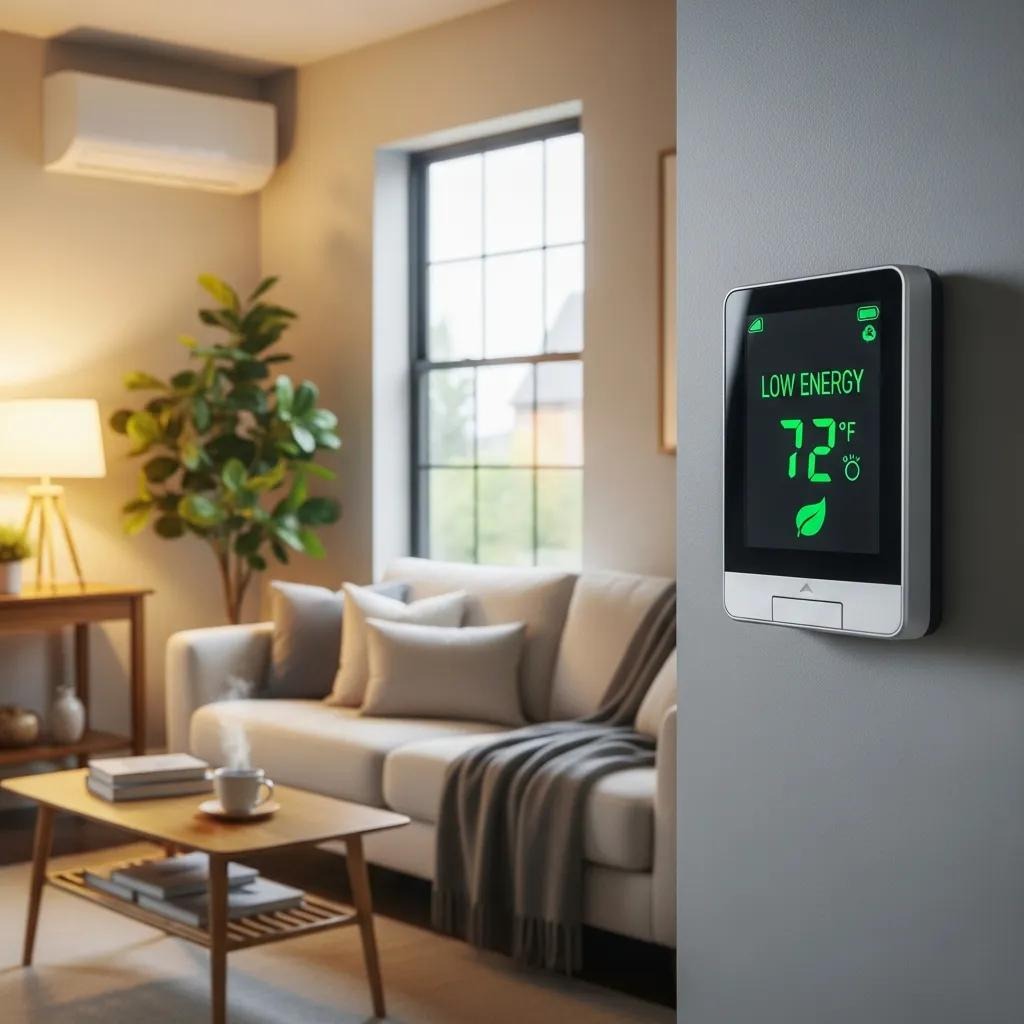 Digital thermostat showing low energy consumption in a cozy living room, illustrating energy savings from AC maintenance