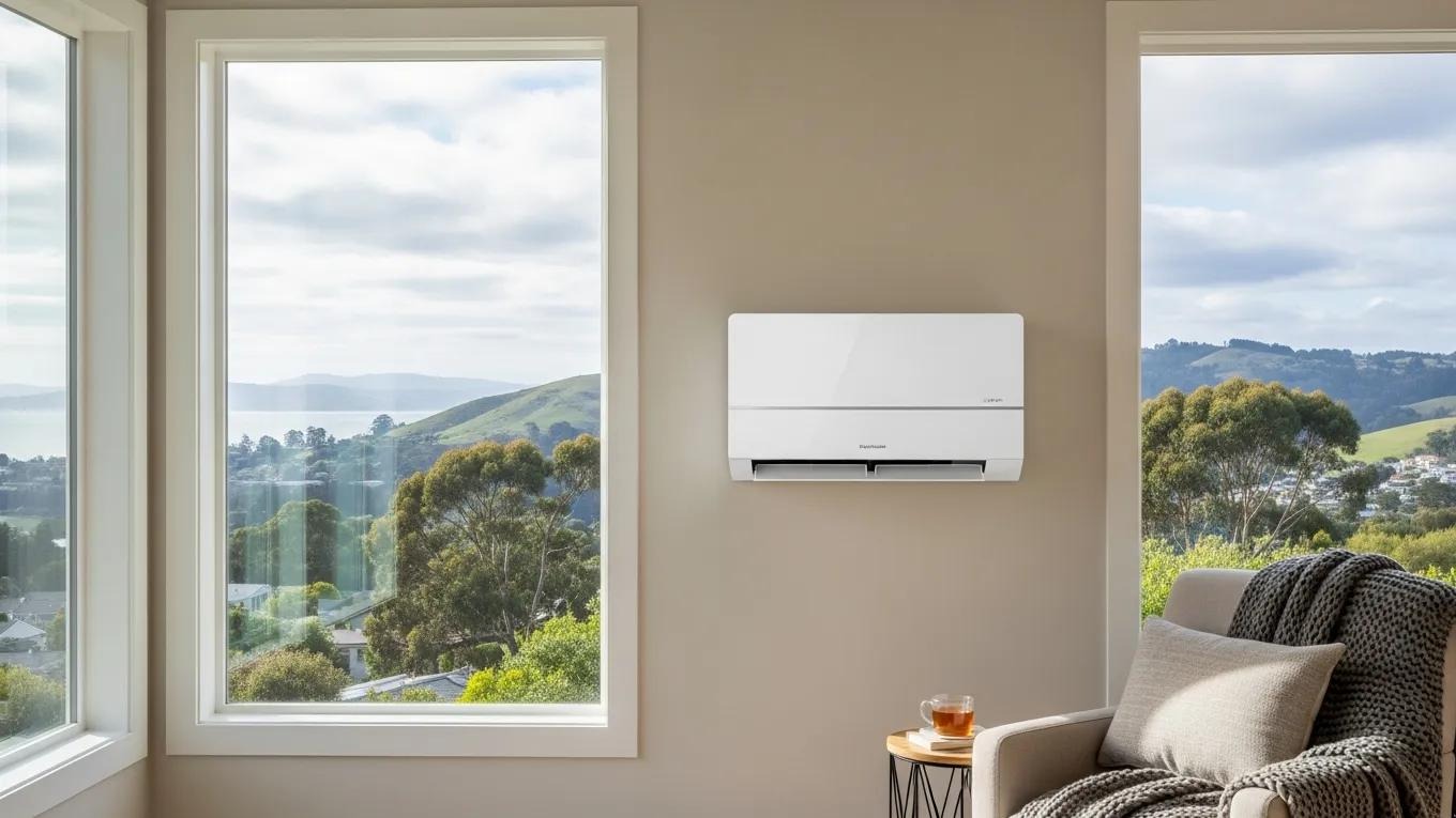 Mini split air conditioning system installed in a room with a view of the Bay Area climate