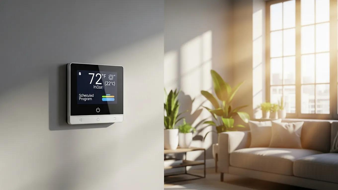 Modern programmable thermostat in a stylish living room promoting energy efficiency