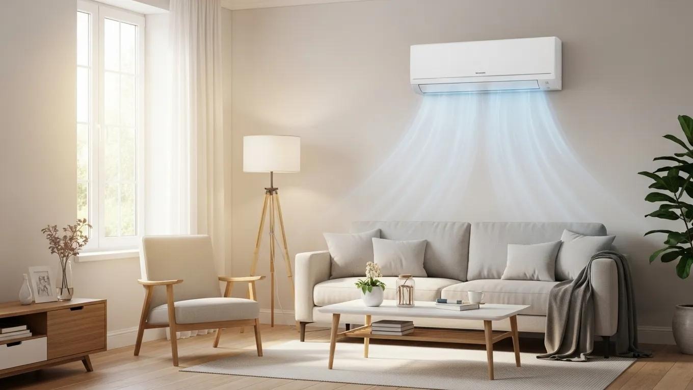 Modern air conditioning unit in a bright living room emphasizing energy efficiency