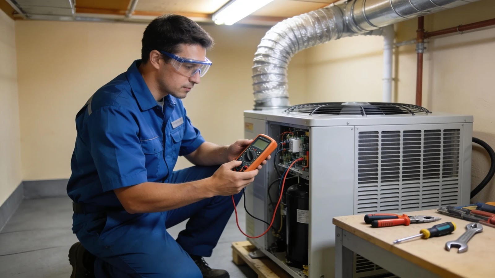 Technician conducting preventive maintenance on HVAC system showcasing service quality and reliability