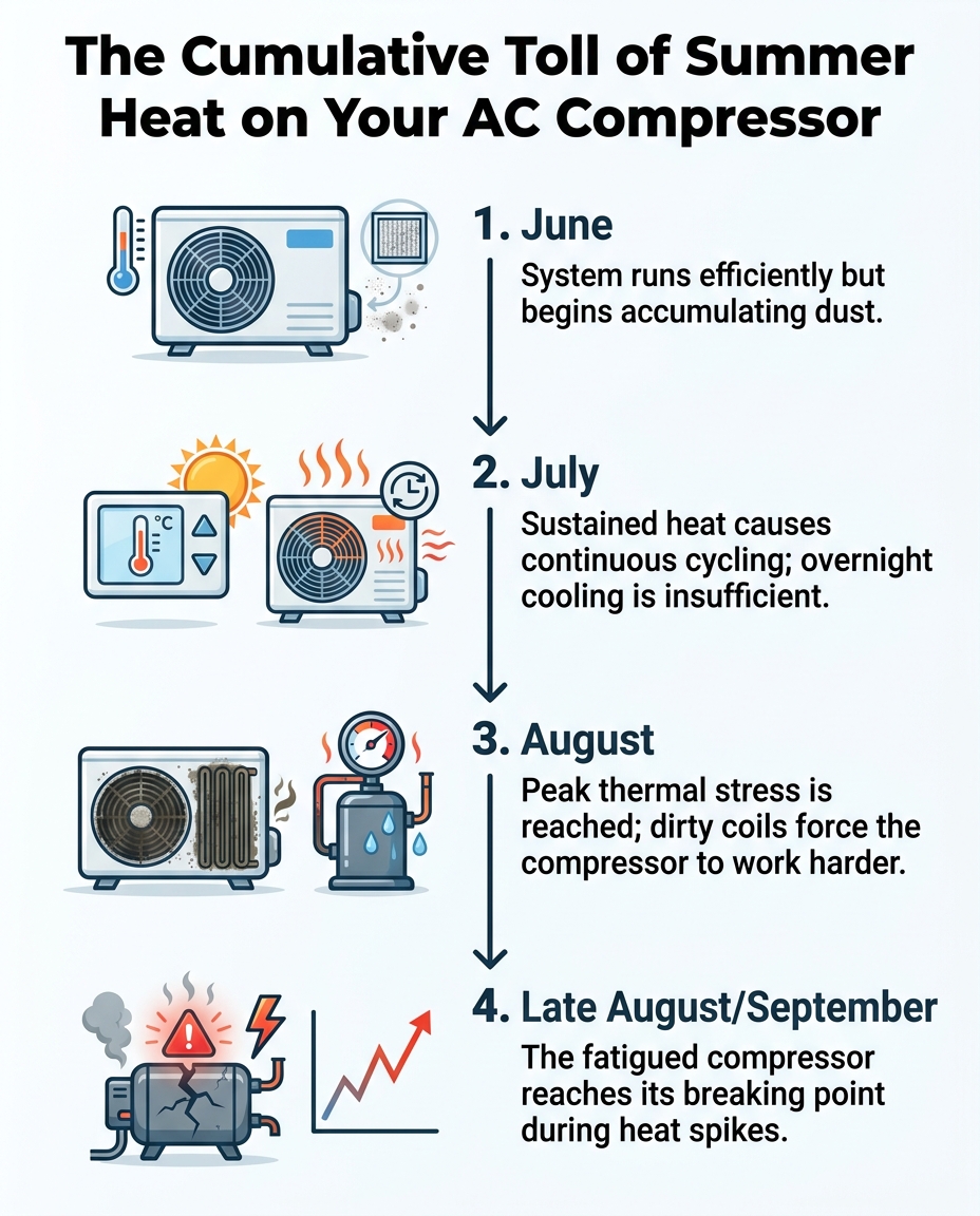 The Cumulative Toll of Summer Heat on Your AC Compressor