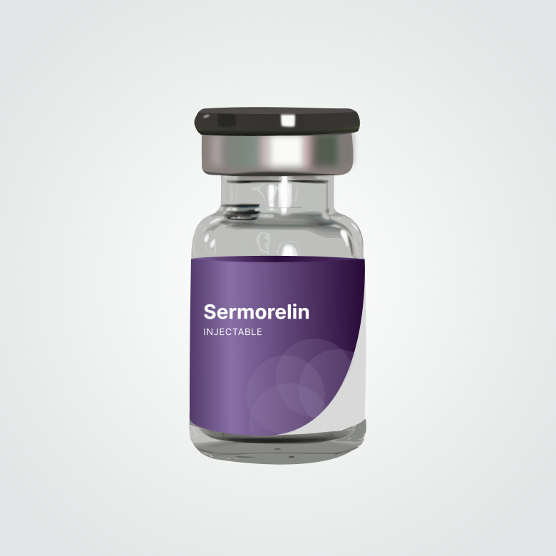 HealthHub sermorelin medication vial displayed for provider-guided growth hormone therapy focused on recovery, energy support, and wellness goals.