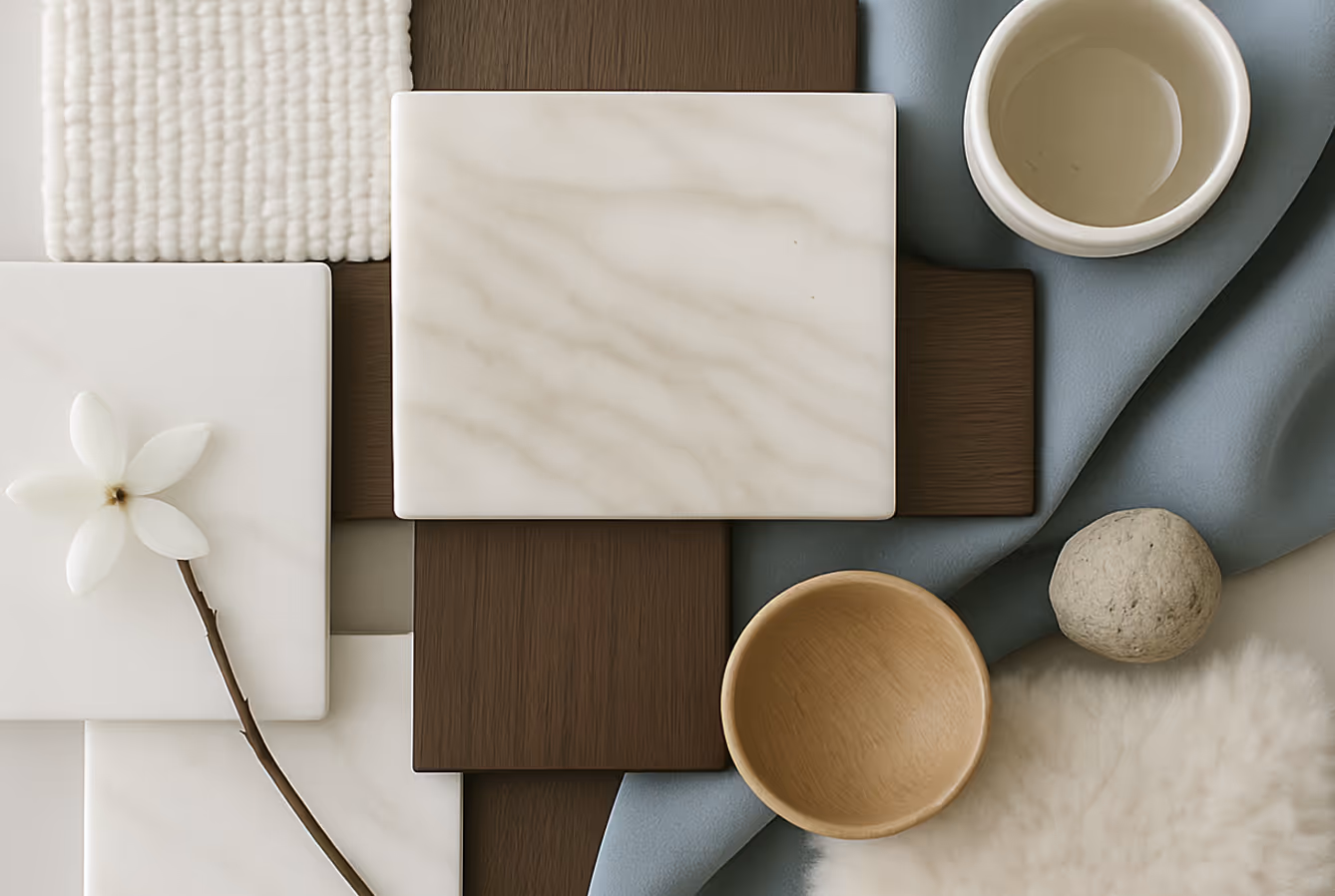 Interieur moodboard met marmerstalen, houtstructuur, stoffen en decoratieve accessoires voor modern design.