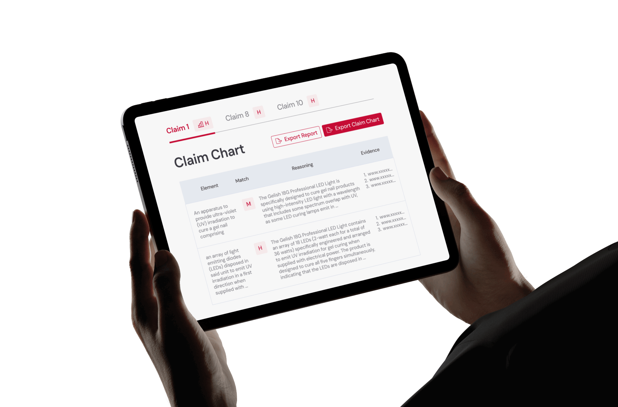Patent claim chart visualizing claim structure and relationships for infringement and analysis