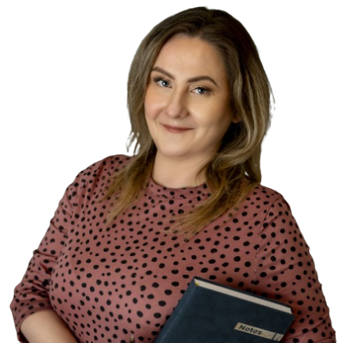 Smiling woman with light brown hair wearing a pink polka dot top holding a notebook labeled 'Notes'.