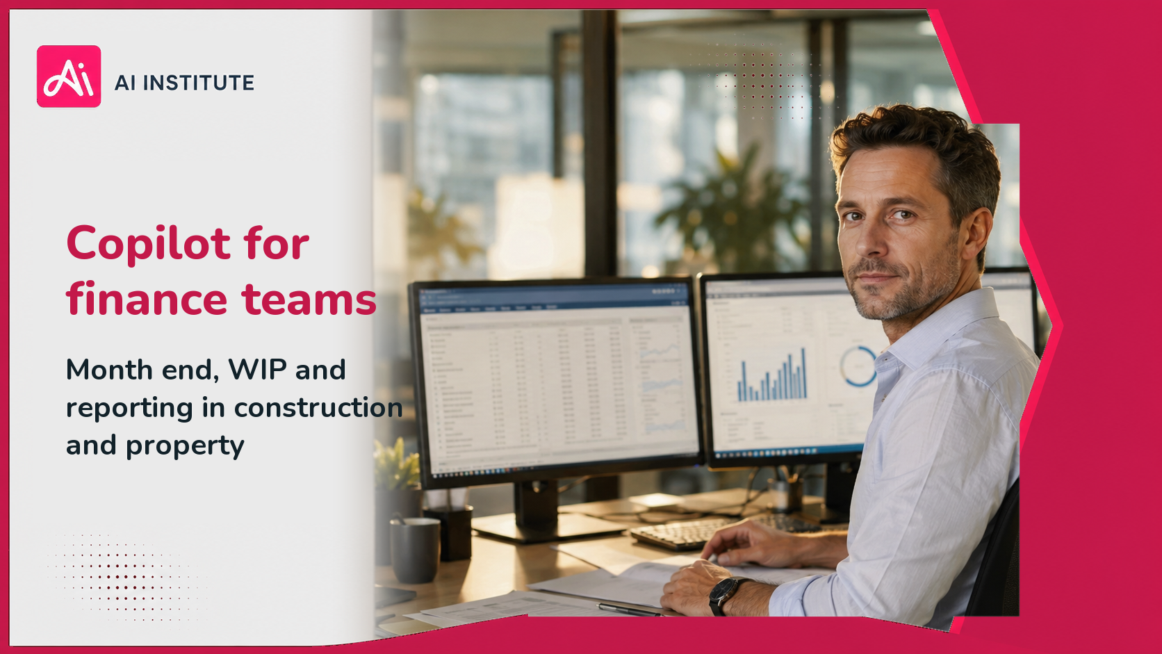 Financial controller reviewing construction management accounts and a variance summary at month end