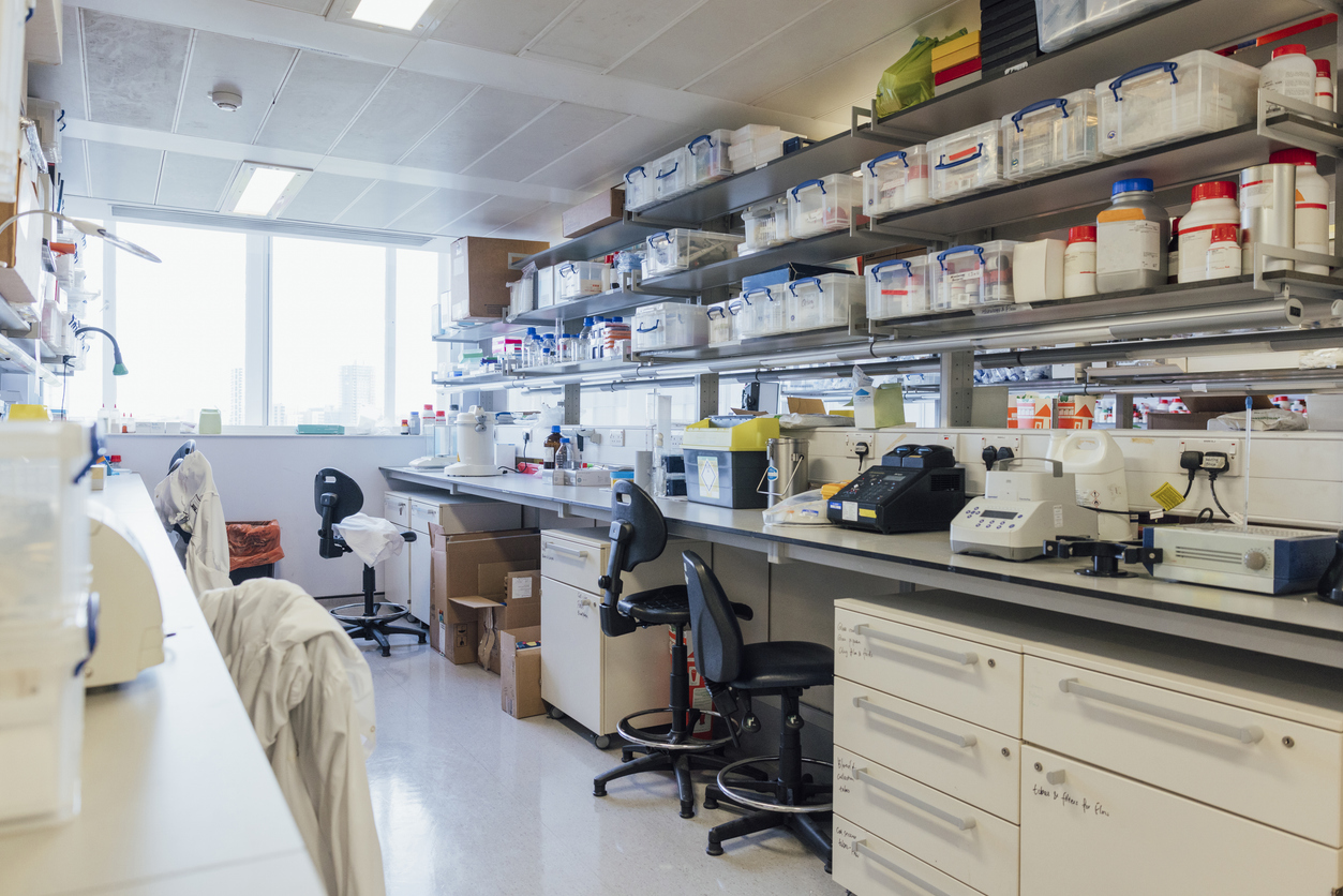 A lab filled with lots of shelves filled with lots of bottles.