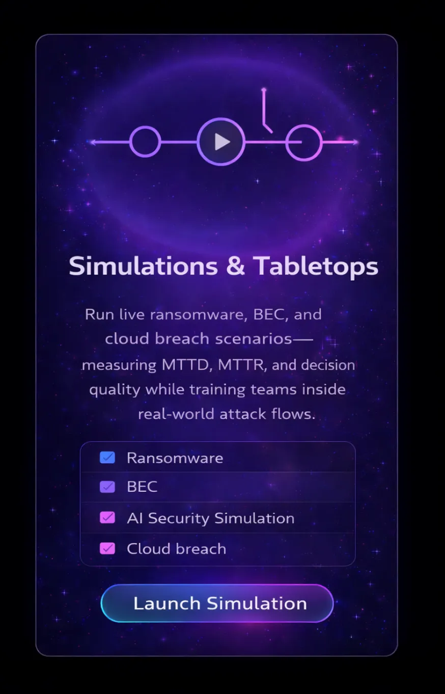 Interface for launching cybersecurity simulations with checkboxes for ransomware, BEC, AI security simulation, and cloud breach, against a starry galaxy background.