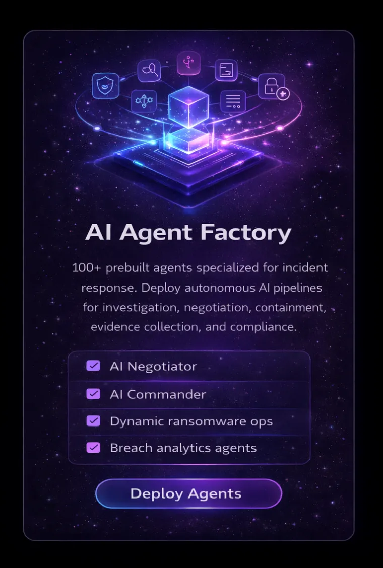 AI Agent Factory interface showcasing 100+ prebuilt agents for incident response with options including AI Negotiator, AI Commander, Dynamic ransomware ops, and Breach analytics agents, with a glowing Deploy Agents button.