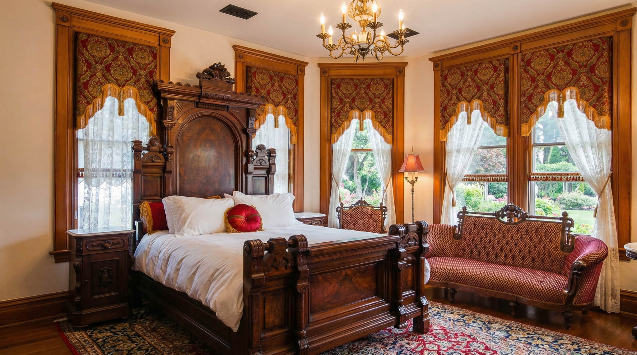 Cozy, modern living room with angled wood beams, large windows, a light gray sofa, and a decorative glass coffee table. Greenery visible outdoors.