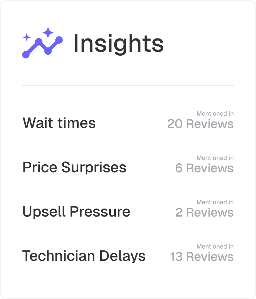 Insights summary listing wait times mentioned in 20 reviews, price surprises in 6 reviews, upsell pressure in 2 reviews, and technician delays in 13 reviews.