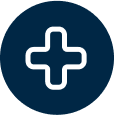 White medical cross icon inside a dark blue circle.