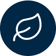 White leaf outline icon inside a dark blue circle.