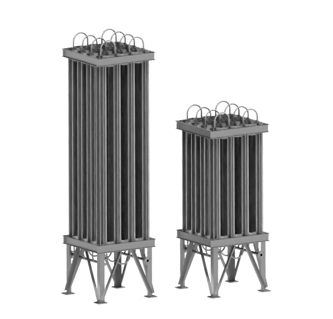Two industrial metal structures with vertical cylindrical tubes and supporting legs, one taller than the other.