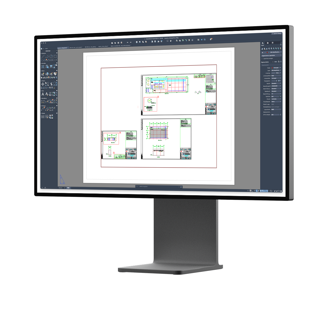 Computer monitor displaying Autodesk AutoCAD LT 2026 with a detailed architectural or engineering drawing.