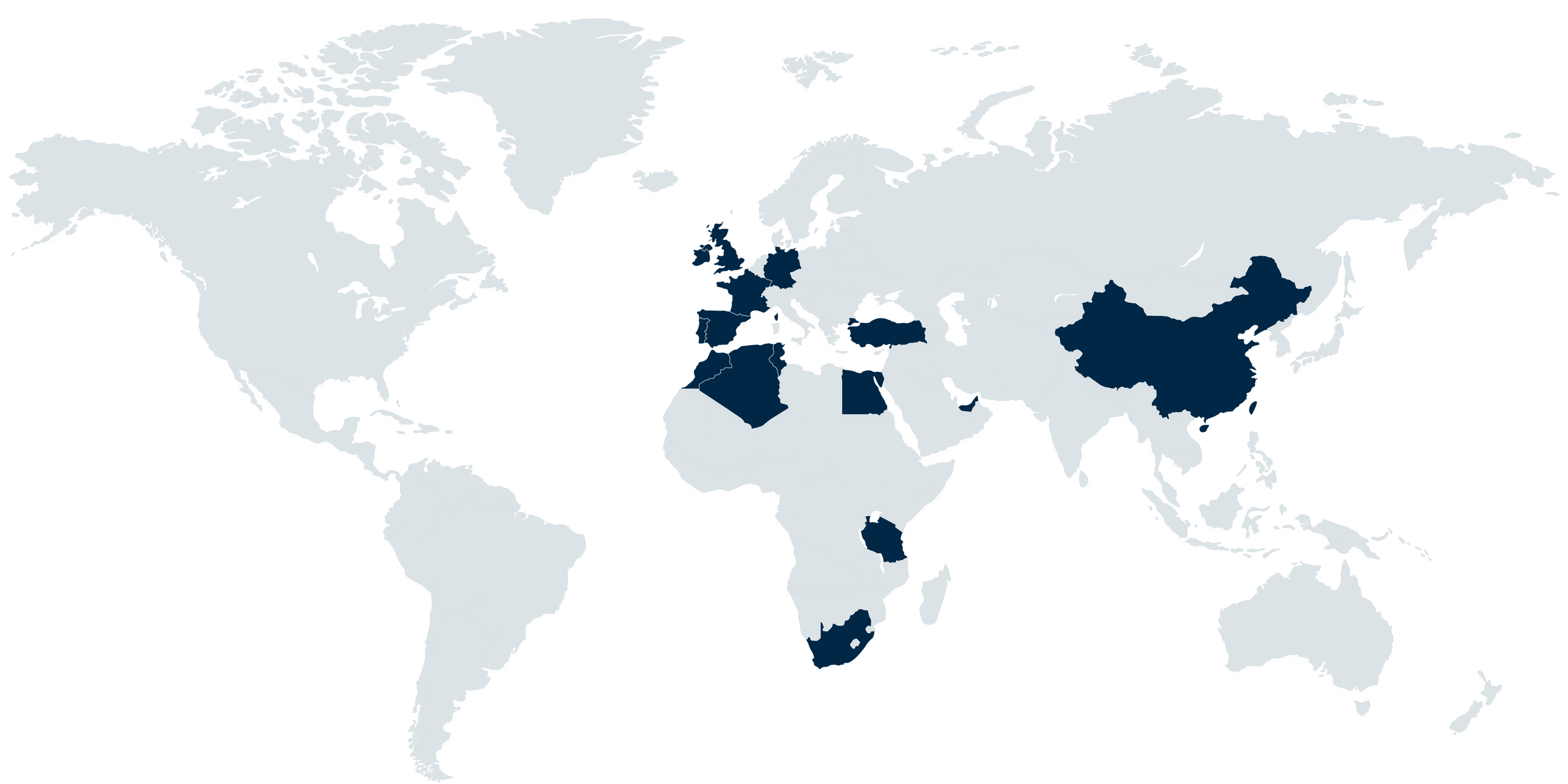 World map highlighting countries in dark blue including China, South Africa, Kenya, Egypt, Turkey, Morocco, Algeria, Spain, France, Germany, United Kingdom, and others across Europe, Africa, and Asia.