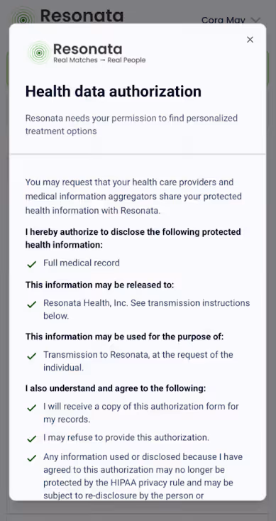 Resonata health data authorization form requesting permission to disclose full medical record to Resonata Health, listing terms of use and individual rights.