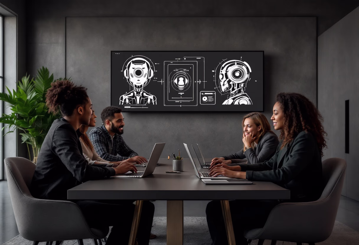 image of ai engineers collaborating in a high-tech workspace