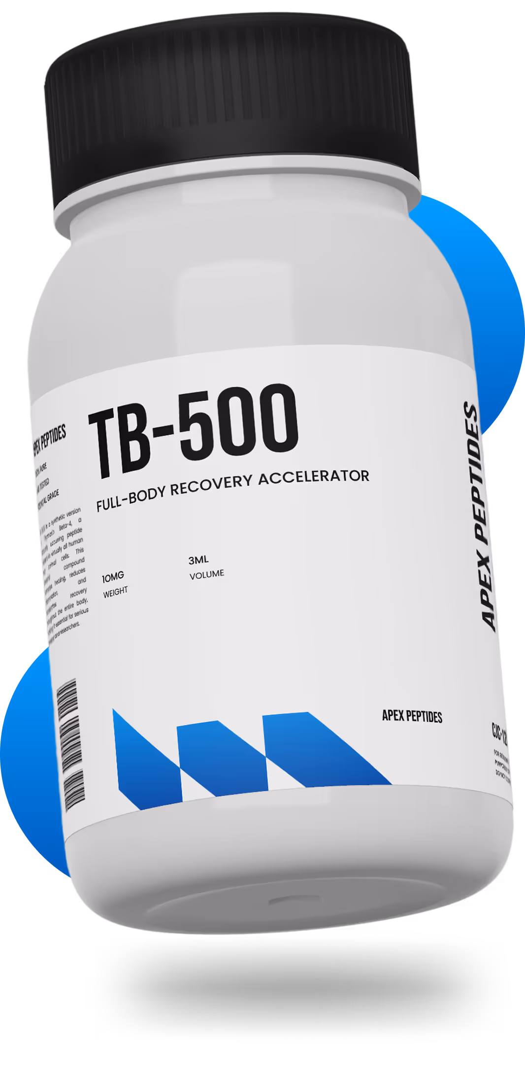 TB-500 Peptide Product Bottle with Blue Circles as Background