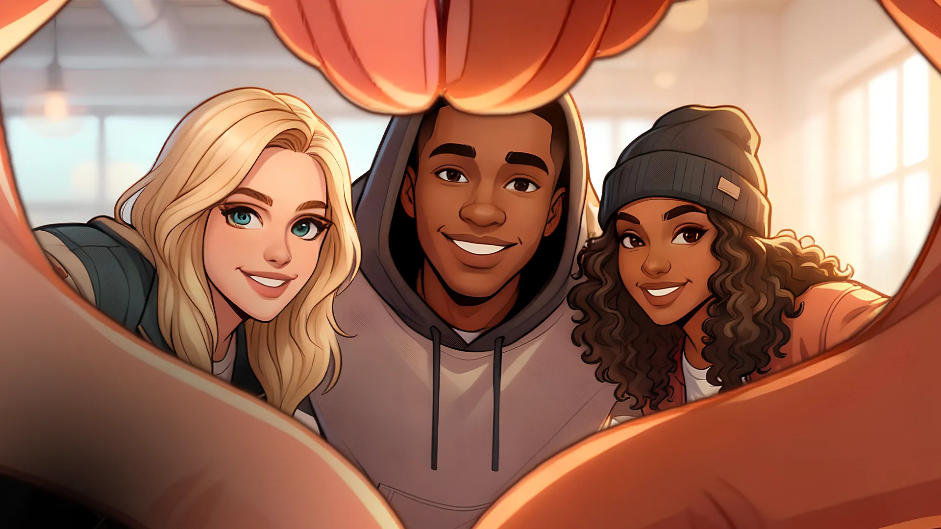 Drei lächelnde junge Erwachsene, die durch eine mit den Händen geformte Herzlinie nach vorne schauen.