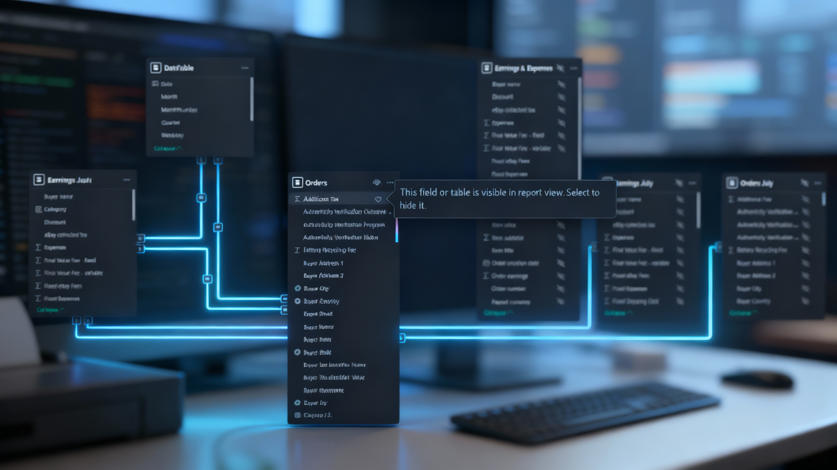 Power BI model view showing related tables and connectors