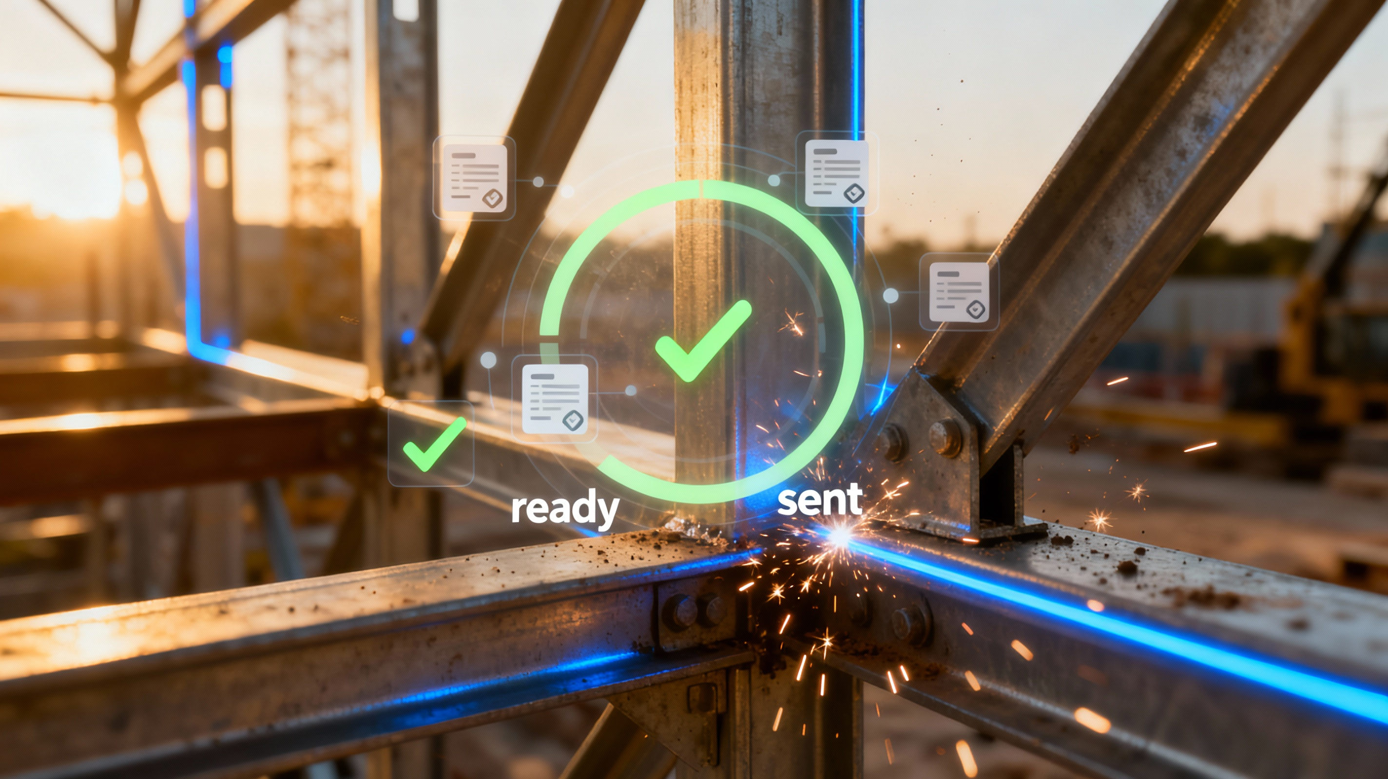 Steel framing with a subtle overlay of progress rings and invoice icons