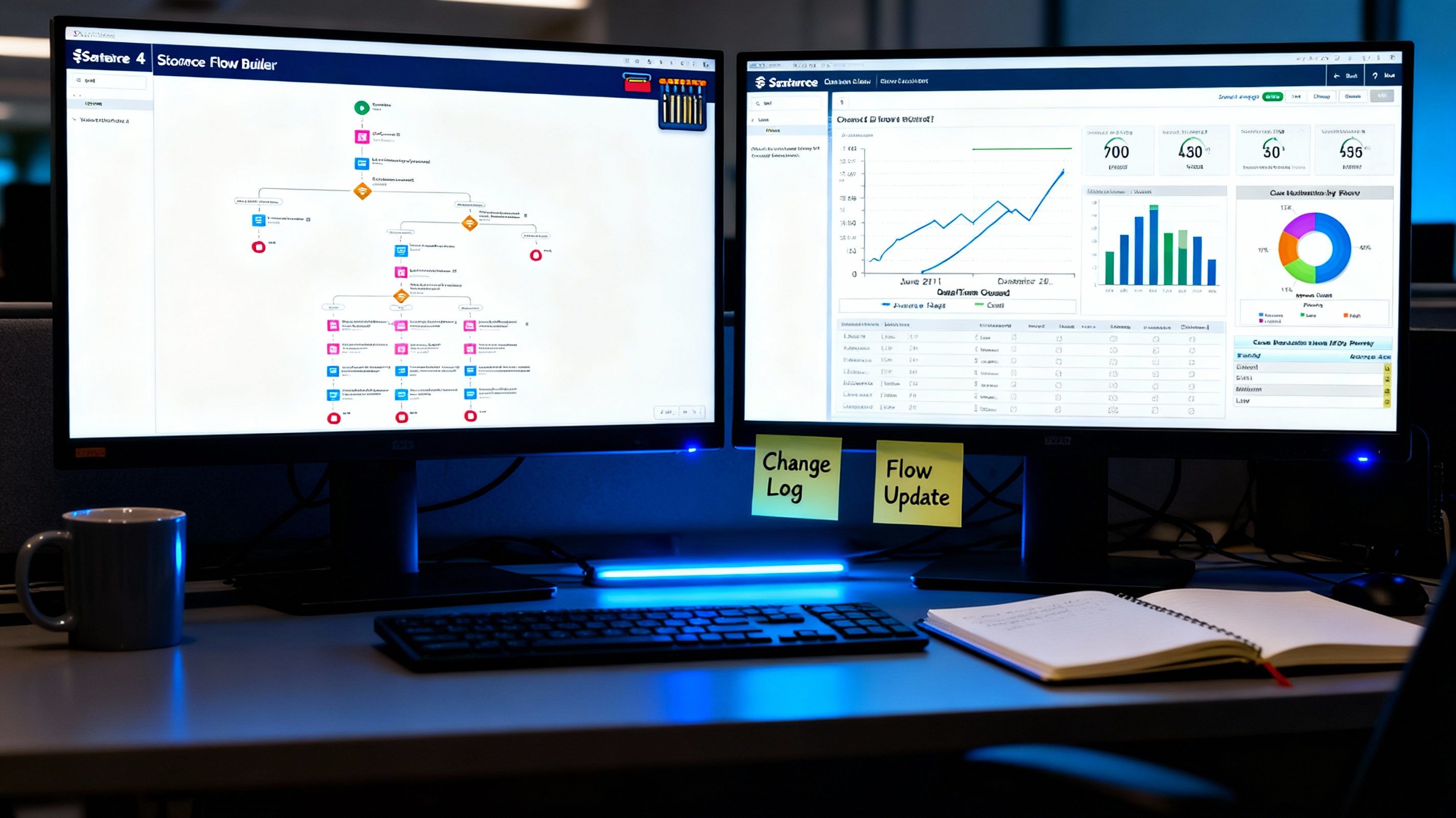 Salesforce-like intake flow screens and entity diagram side-by-side
