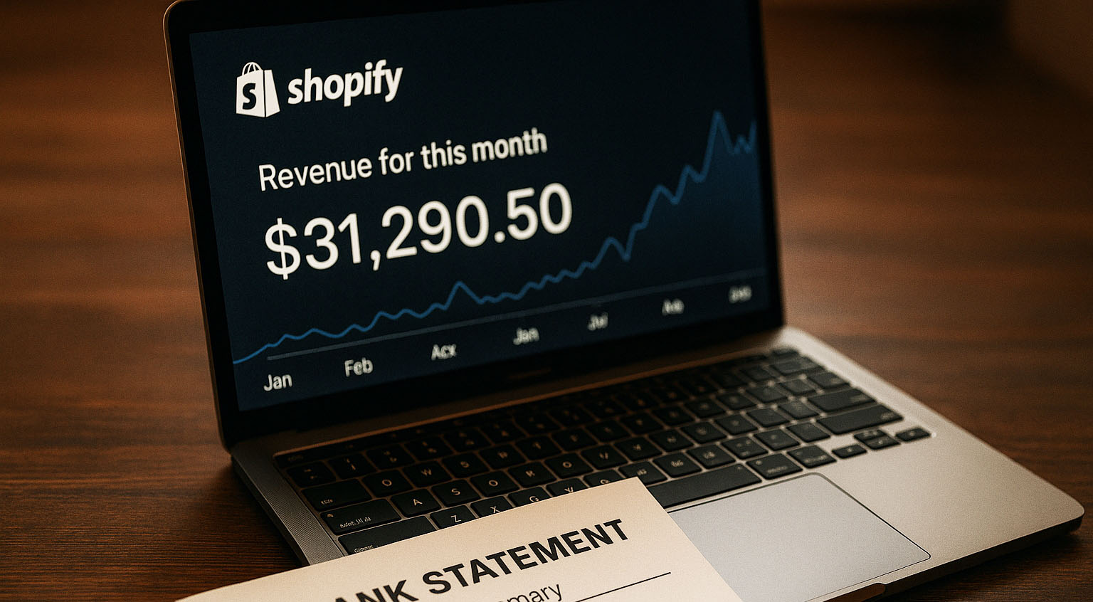 Laptop showing Shopify revenue of $31,290.50 beside a bank statement with a balance of $2,634.08.