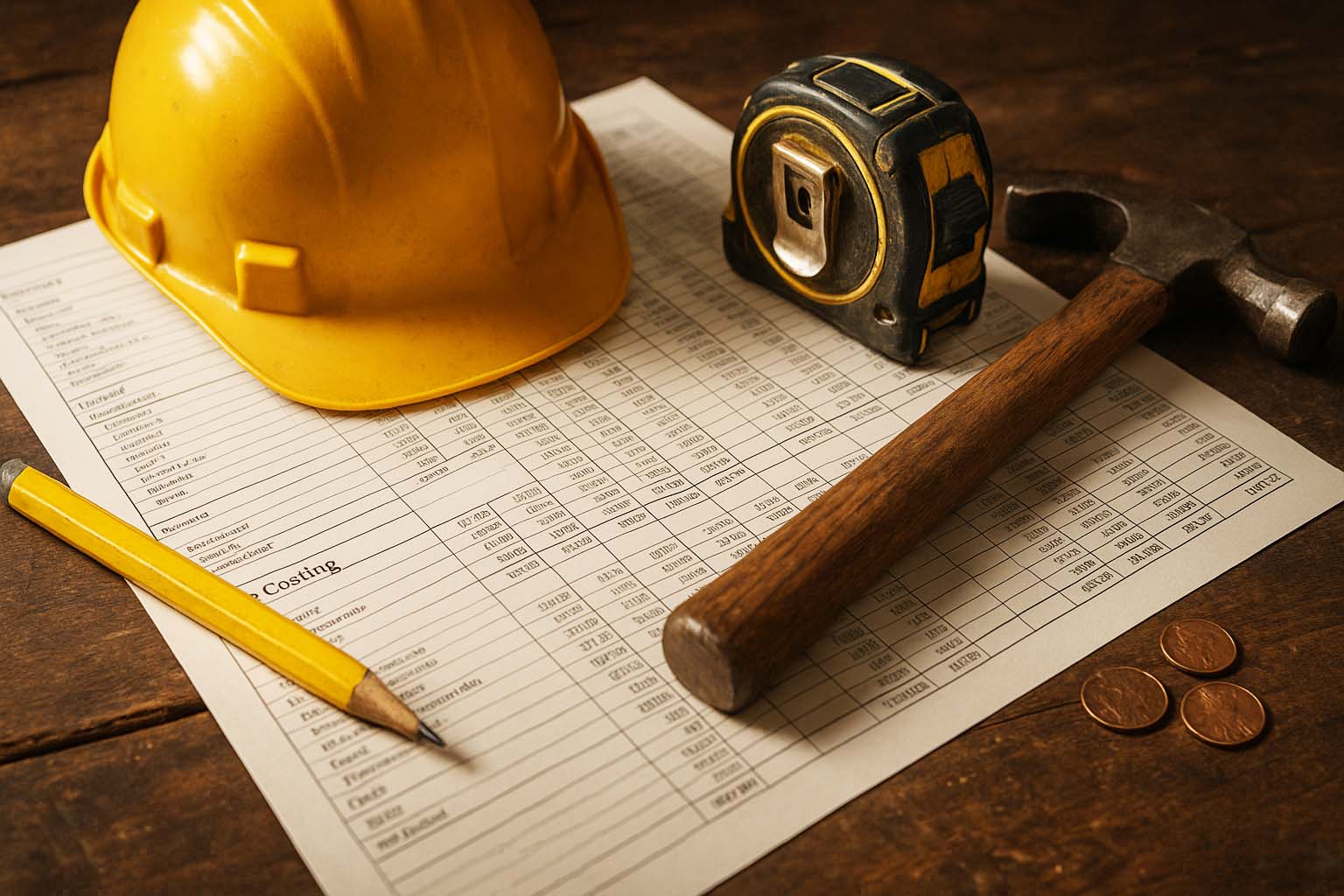 Yellow hard hat, hammer, tape measure, and pencil resting on a printed job costing spreadsheet with coins on a wooden table.