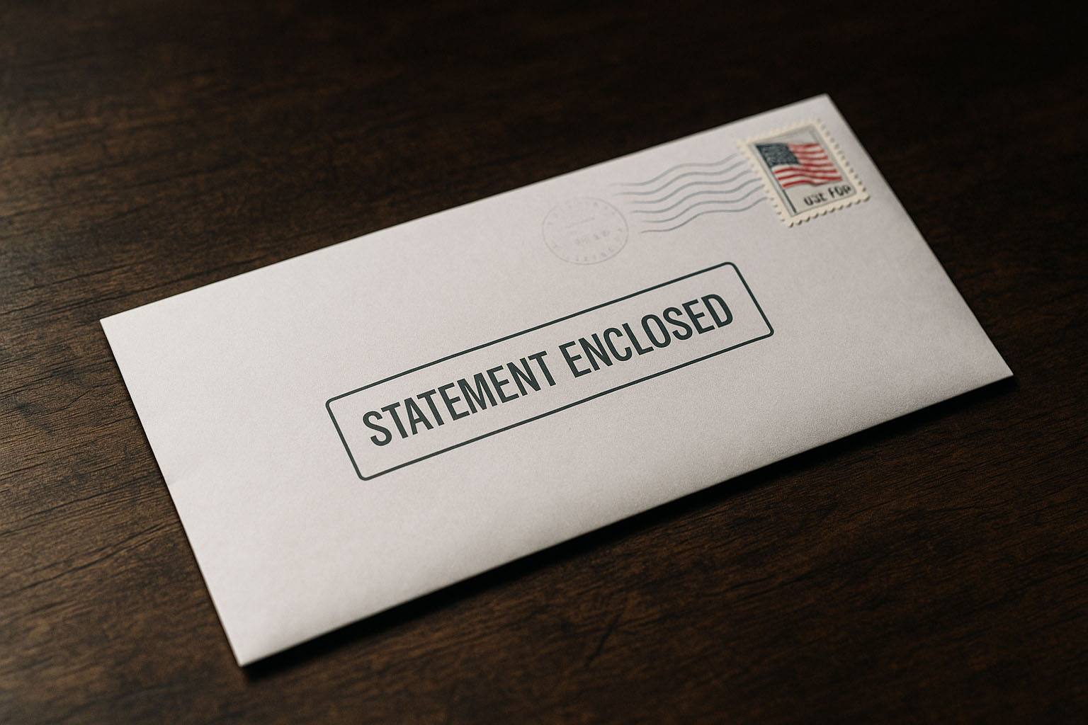A white envelope labeled "Statement Enclosed" rests on a dark wooden surface, stamped and postmarked.