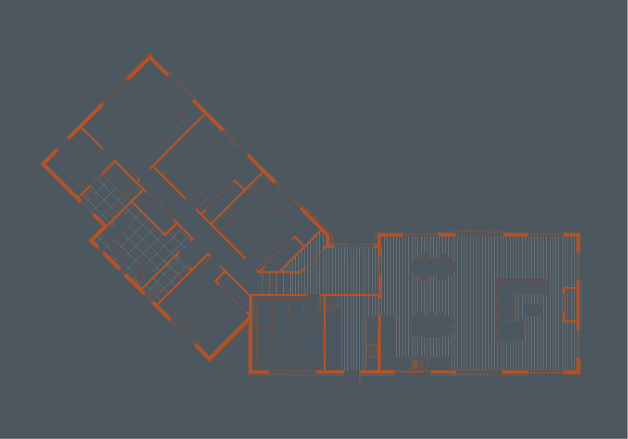 Architectural floor plan of a single-story house with multiple rooms including bedrooms, bathrooms, kitchen, dining area, and living room.