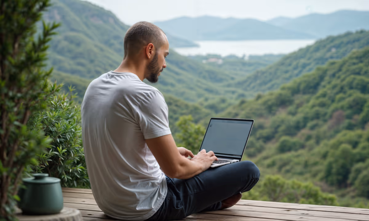 Man Working on Laptop in Nature