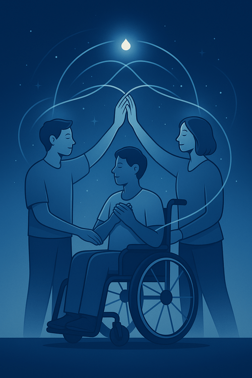 An illustration of a person looking up into a large globe with another world - or a reflection?