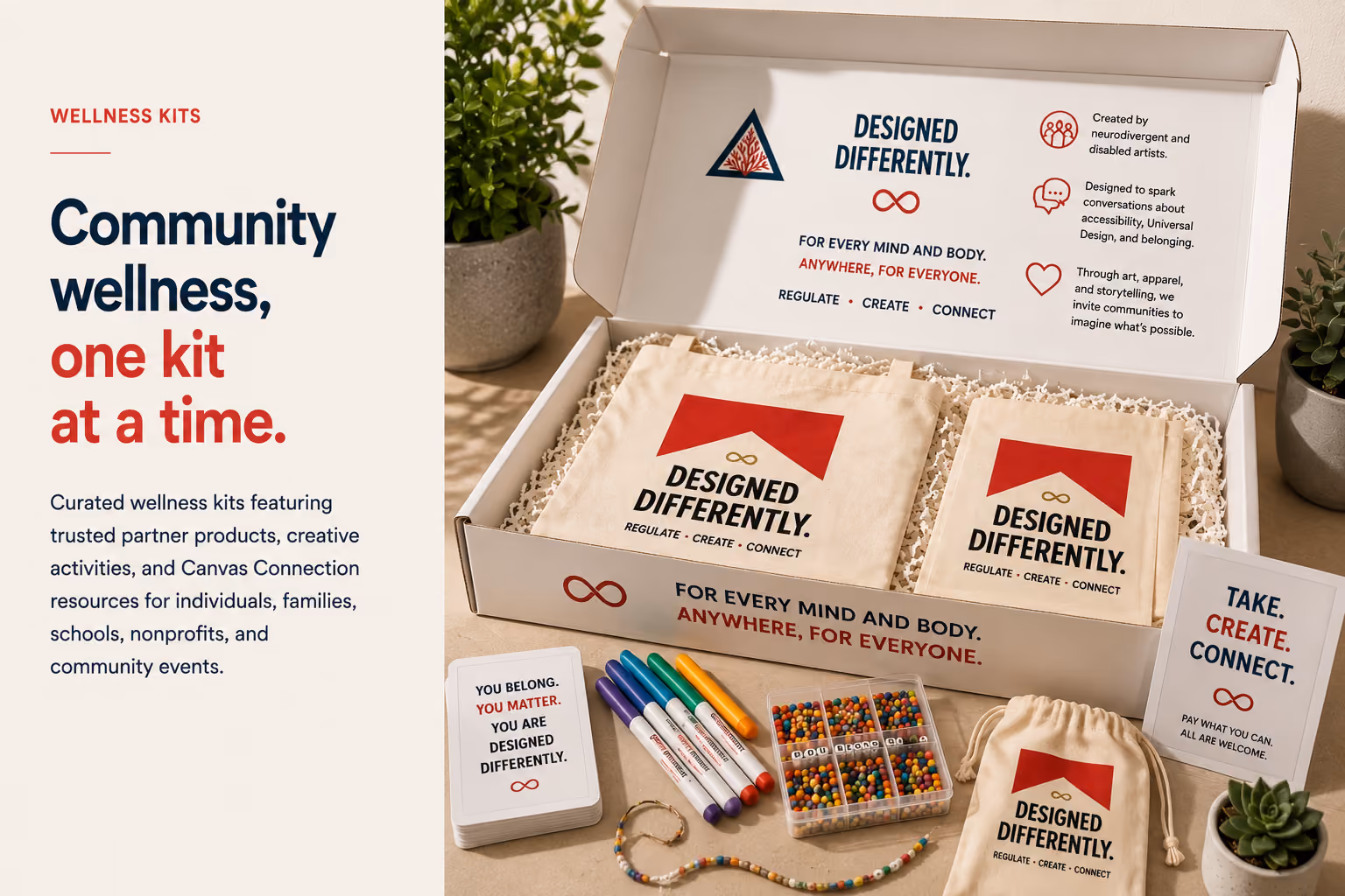lt Text:  Designed Differently wellness kit containing a tote bag, markers, beads, and cards for neurodivergent and disabled artists.