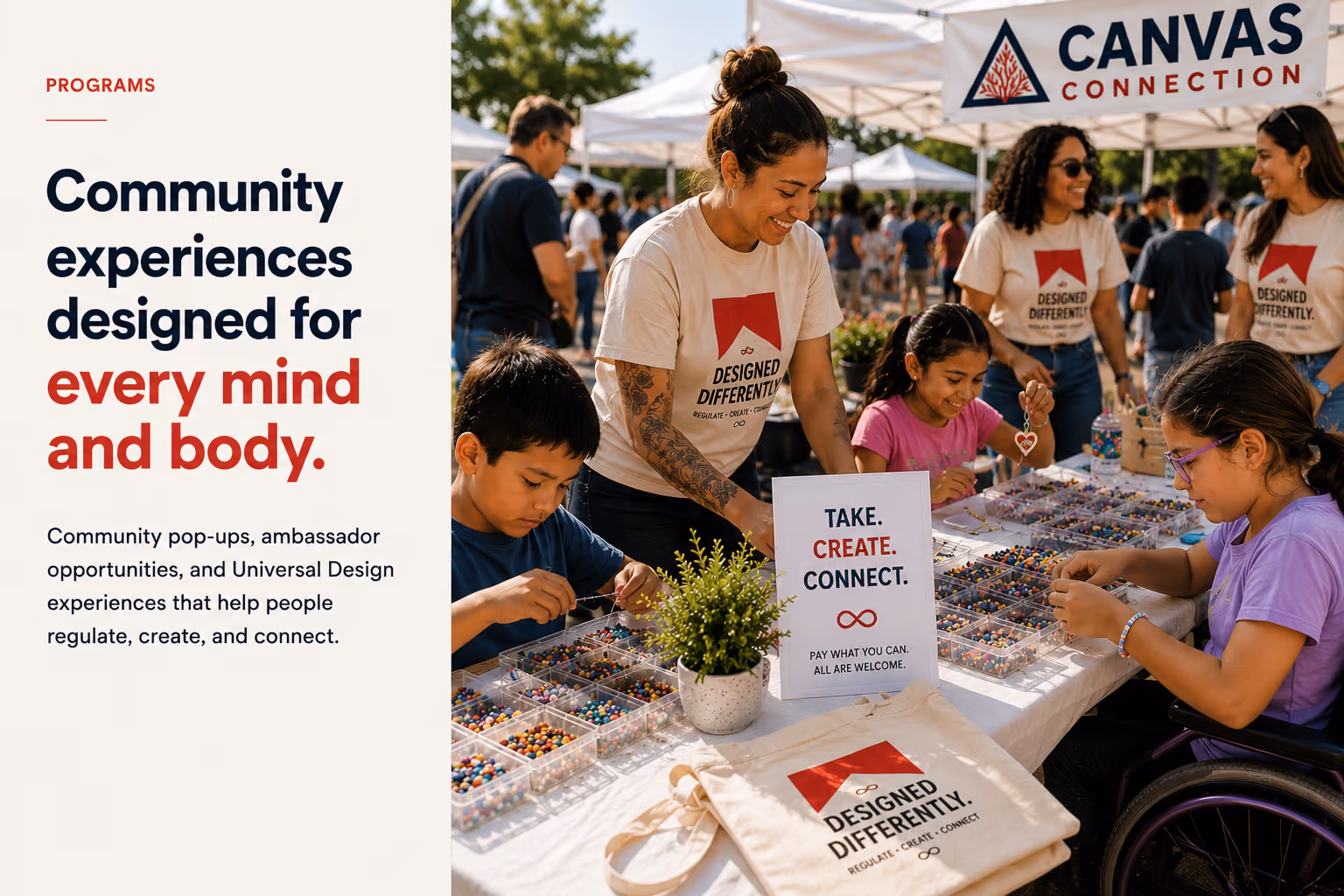 Children and mentors making jewelry at a Canvas Connection pop-up event for inclusive community experiences.