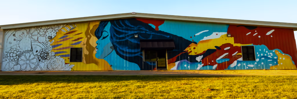 Large mural on a building wall depicting a woman's blue face with flowing dark hair blending into colorful abstract shapes and floral designs on a grassy lawn.