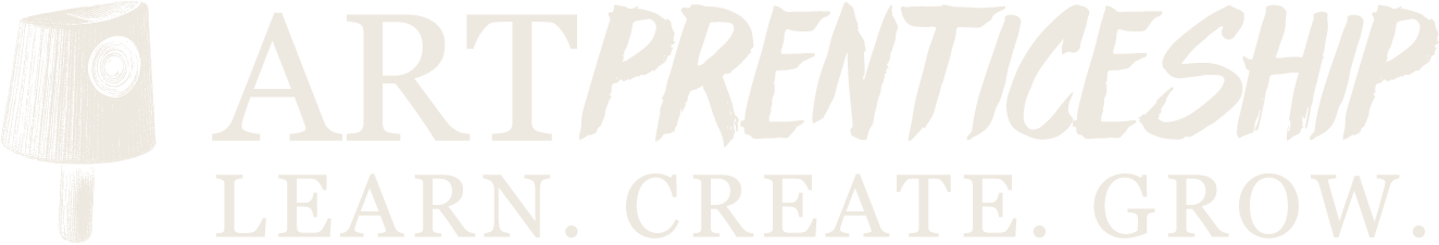 Text reading 'ARTPRENTICESHIP' with 'PRENTICESHIP' in a brush script style and 'ART' in a serif font, and below it 'LEARN. CREATE. GET PAID.' in capital serif letters.