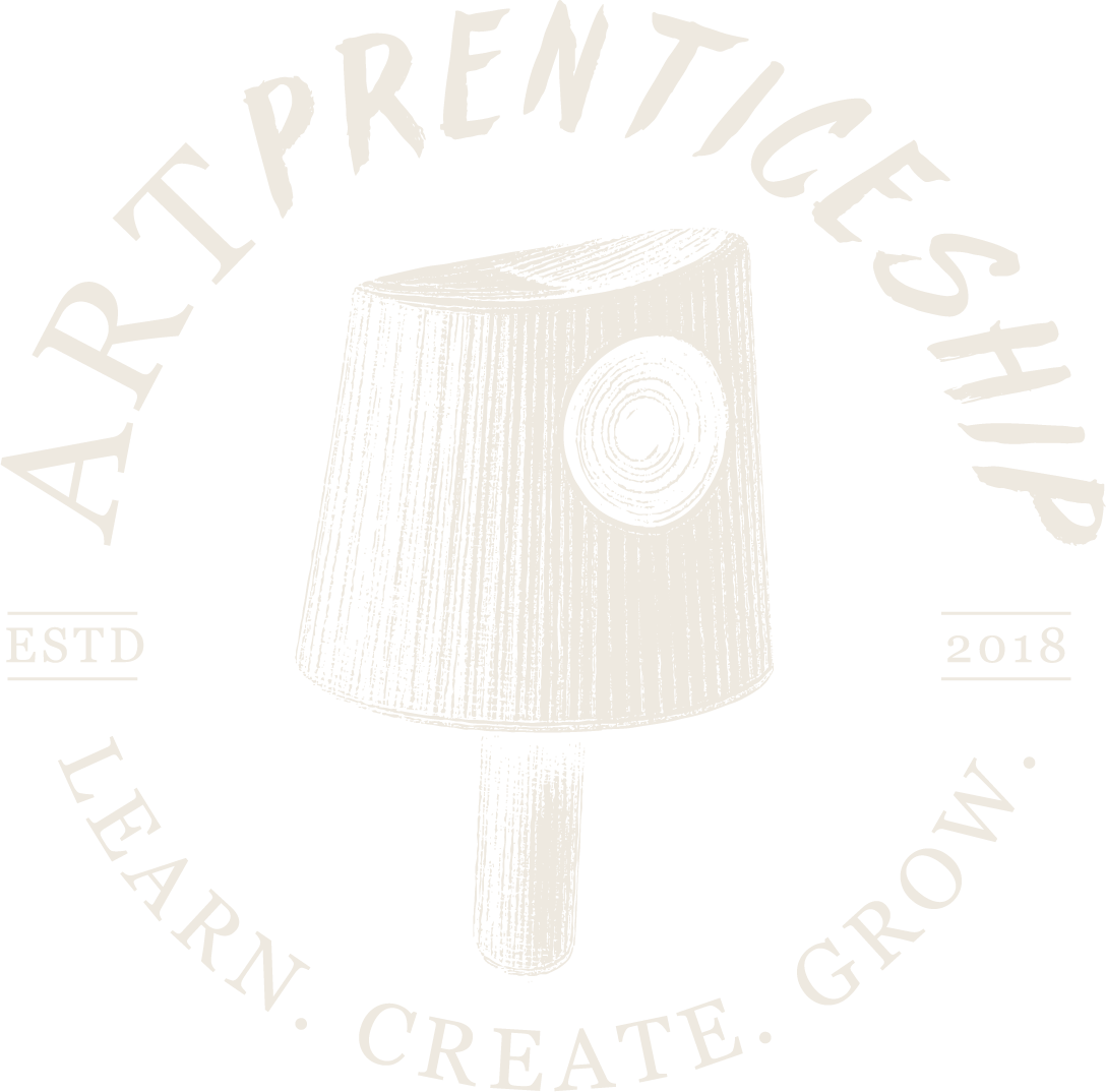 Vintage paintbrush illustration surrounded by the text 'Art Apprenticeship ESTD 2018 Learn. Create. Get Paid.'