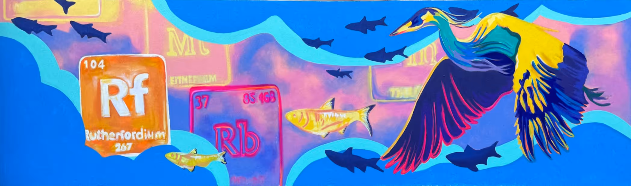 Colorful mural featuring a large bird in flight with yellow and blue feathers, surrounded by fish silhouettes and periodic table elements Rf (Rutherfordium) and Rb (Rubidium) against a vibrant blue and purple background.
