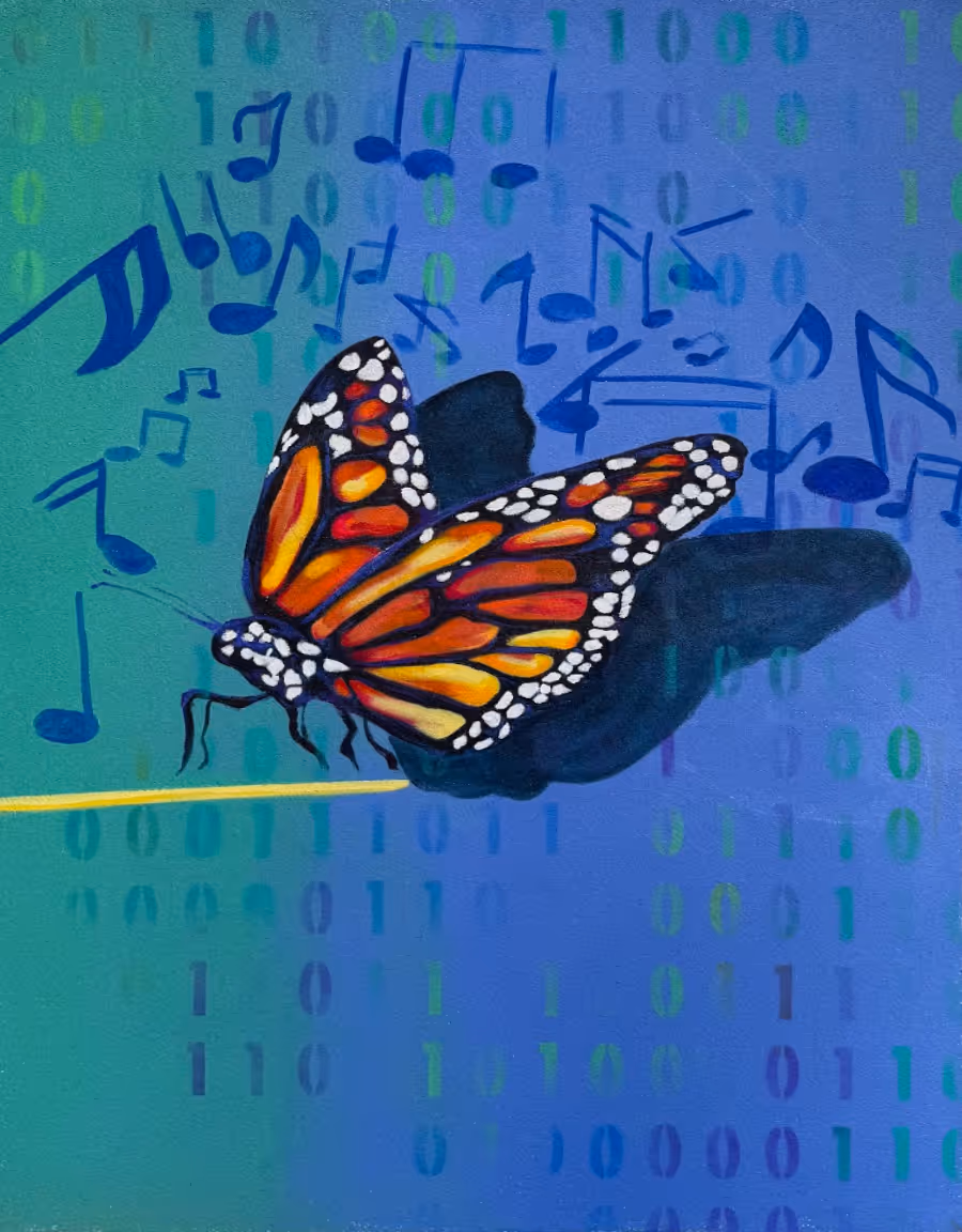 Colorful monarch butterfly perched on a thin yellow line with blue musical notes and binary code in the background.