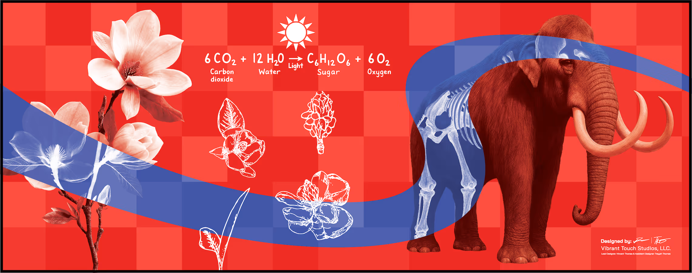 Red-toned illustration of a flowering plant and a woolly mammoth with its skeleton visible, alongside the photosynthesis formula on a red checkered background.